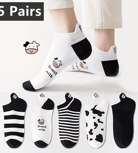 5 Pairs Womens Socks Lovely Cow Pattern Short Socks Creative Printing Socks Ankle Sock