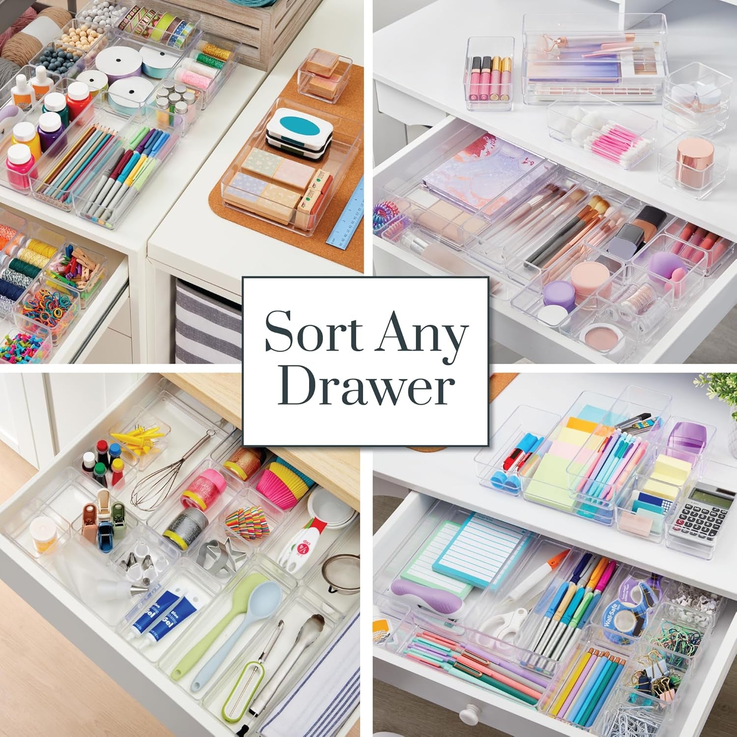 Simplesort 18-Piece Stackable Clear Drawer Organizer Set | Multi-Size Trays | Makeup Vanity Storage Bins and Office Desk Drawer Dividers | Made in USA