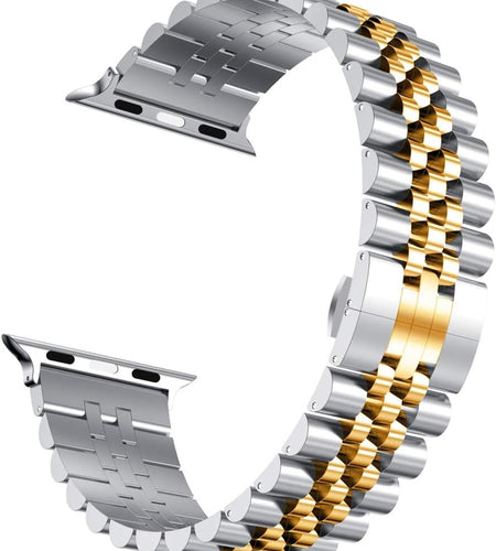 Compatible with Apple Watch Band 45Mm 44Mm 42Mm 41Mm 40Mm 38Mm, Stainless Steel Heavy Band with Butterfly Folding Clasp Link Bracelet for Iwatch Series7/6/Se Series 5/4/3/Men Women ,Silver/Gold, 41Mm/40Mm/38Mm