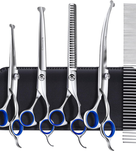 Professional 6 in 1 Dog Grooming Scissors 4CR Stainless Steel with Safety round Tip, Heavy Duty Titanium Coated Pet Grooming Scissor for Dogs, Cats and Other Animals