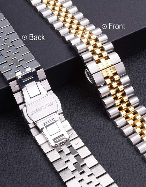 Load image into Gallery viewer, Compatible with Apple Watch Band 45Mm 44Mm 42Mm 41Mm 40Mm 38Mm, Stainless Steel Heavy Band with Butterfly Folding Clasp Link Bracelet for Iwatch Series7/6/Se Series 5/4/3/Men Women ,Silver/Gold, 41Mm/40Mm/38Mm
