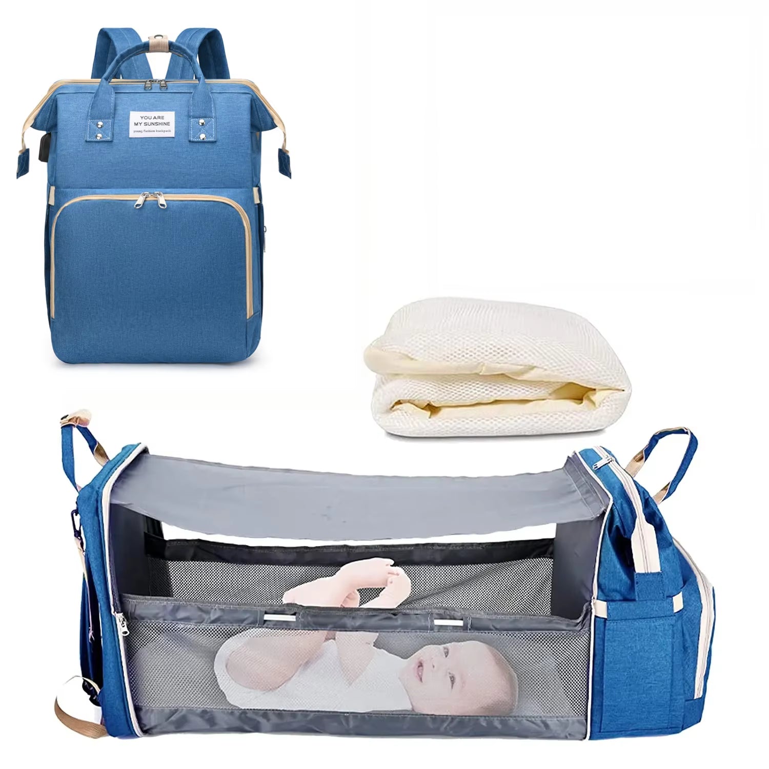 3 in 1 Diaper Bag Backpack Foldable Baby Bed Waterproof Travel Bag with USB Charge Diaper Bag Backpack with Changing Bed 3 Types