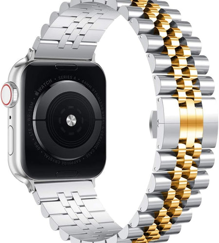 Compatible with Apple Watch Band 45Mm 44Mm 42Mm 41Mm 40Mm 38Mm, Stainless Steel Heavy Band with Butterfly Folding Clasp Link Bracelet for Iwatch Series7/6/Se Series 5/4/3/Men Women ,Silver/Gold, 41Mm/40Mm/38Mm