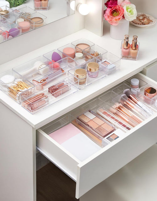 Load image into Gallery viewer, Simplesort 18-Piece Stackable Clear Drawer Organizer Set | Multi-Size Trays | Makeup Vanity Storage Bins and Office Desk Drawer Dividers | Made in USA
