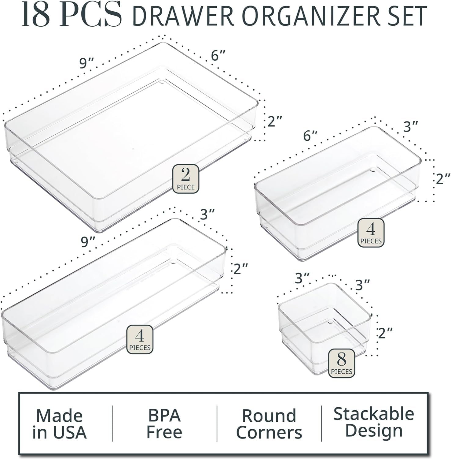 Simplesort 18-Piece Stackable Clear Drawer Organizer Set | Multi-Size Trays | Makeup Vanity Storage Bins and Office Desk Drawer Dividers | Made in USA