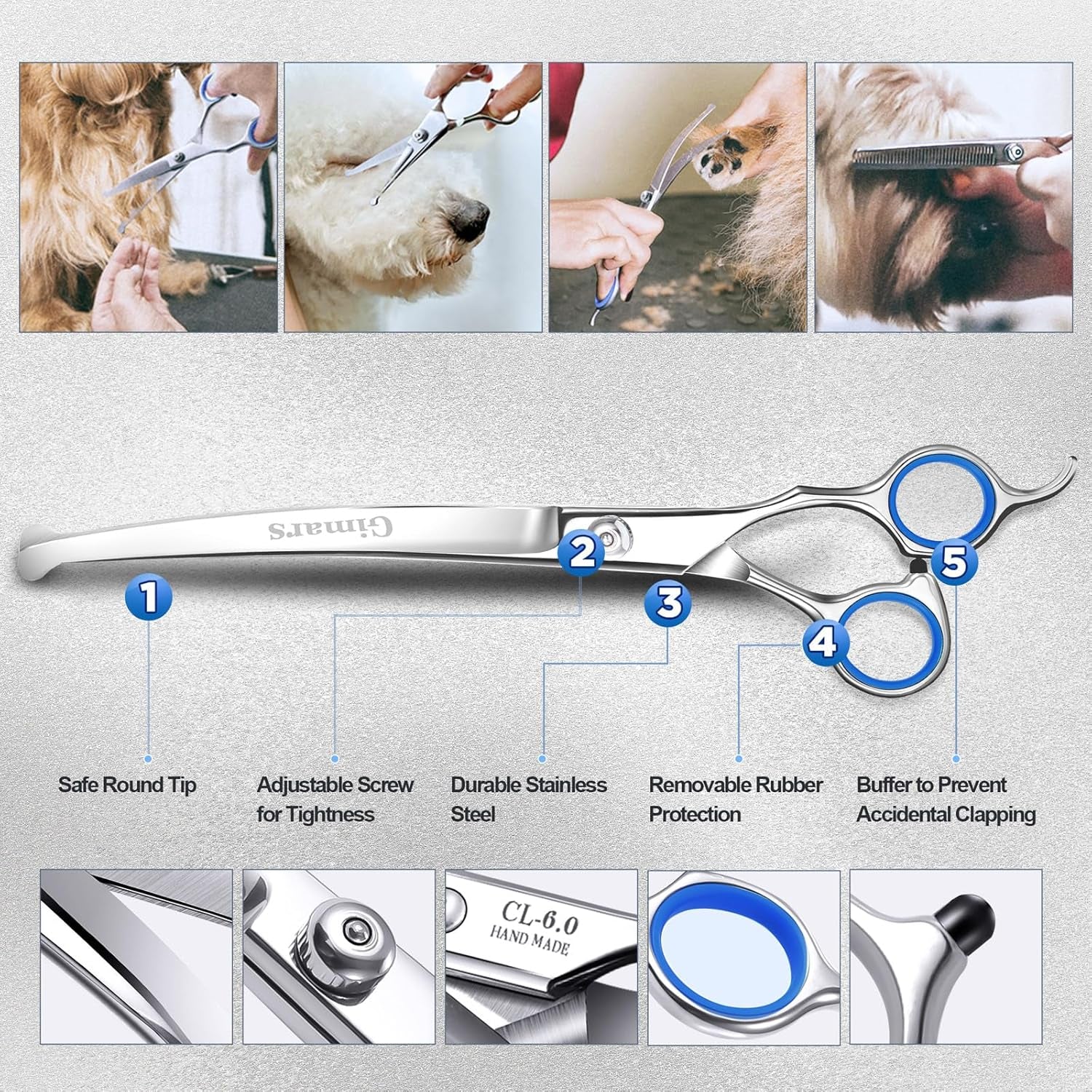 Professional 6 in 1 Dog Grooming Scissors 4CR Stainless Steel with Safety round Tip, Heavy Duty Titanium Coated Pet Grooming Scissor for Dogs, Cats and Other Animals
