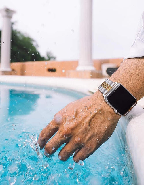 Load image into Gallery viewer, Compatible with Apple Watch Band 45Mm 44Mm 42Mm 41Mm 40Mm 38Mm, Stainless Steel Heavy Band with Butterfly Folding Clasp Link Bracelet for Iwatch Series7/6/Se Series 5/4/3/Men Women ,Silver/Gold, 41Mm/40Mm/38Mm
