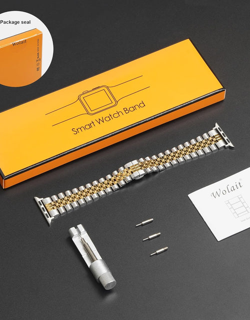 Load image into Gallery viewer, Compatible with Apple Watch Band 45Mm 44Mm 42Mm 41Mm 40Mm 38Mm, Stainless Steel Heavy Band with Butterfly Folding Clasp Link Bracelet for Iwatch Series7/6/Se Series 5/4/3/Men Women ,Silver/Gold, 41Mm/40Mm/38Mm
